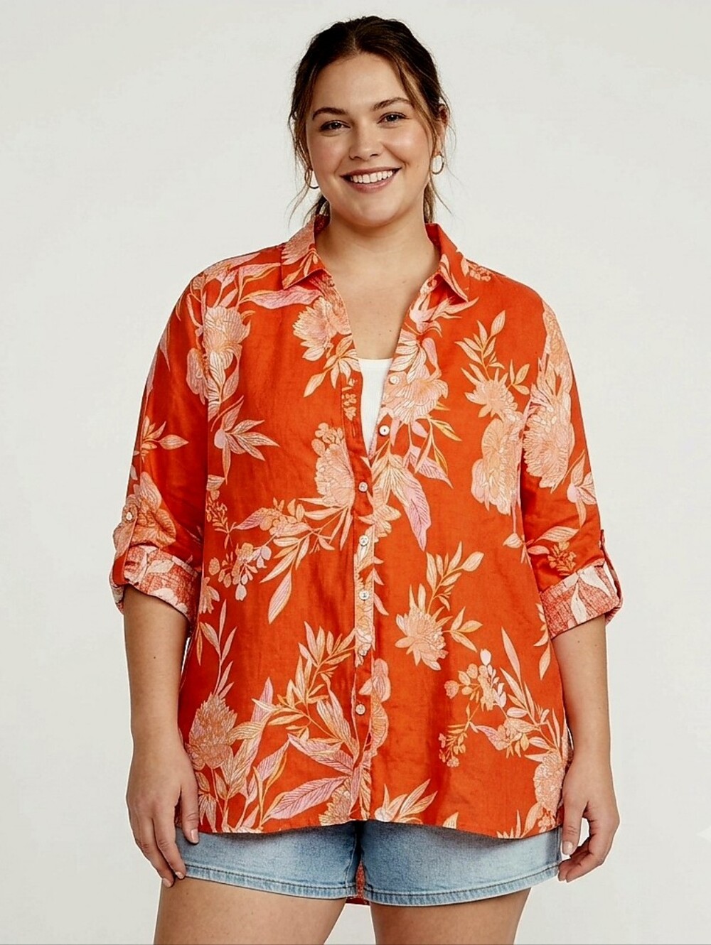 Cynthia Rowley Womens 3X Orange Floral 100% Linen Button Down Roll Tab Shirt